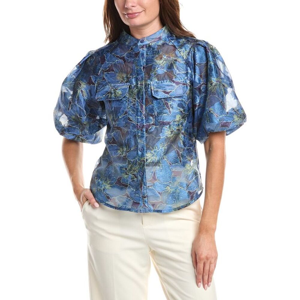 Gracia Womens  Floral Print Puff Sleeve Organza Top, Blue